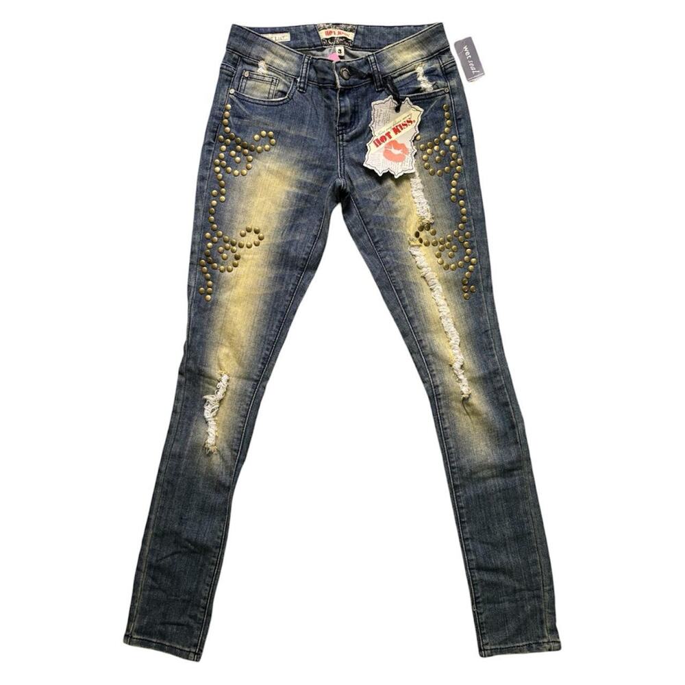 NWT Y2K Hot Kiss Wet Seal studded distressed skinny lily jeans, size 3.